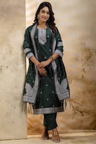 Green embroidered cotton blend salwar suit
