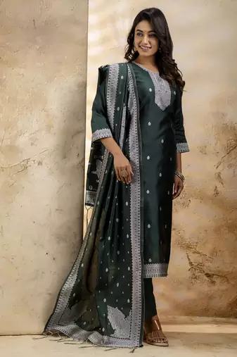 Green embroidered cotton blend salwar suit