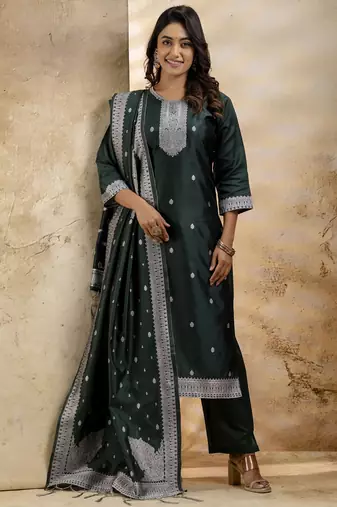 Green embroidered cotton blend salwar suit