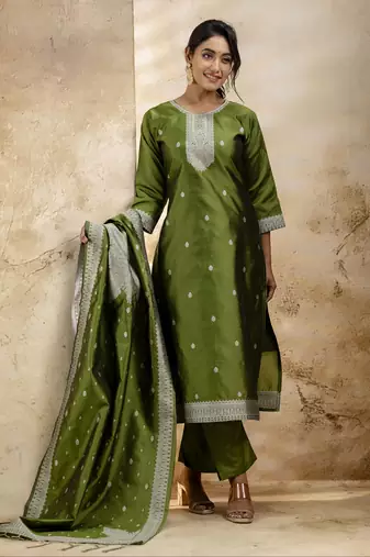 Mehendi embroidered cotton blend salwar suit