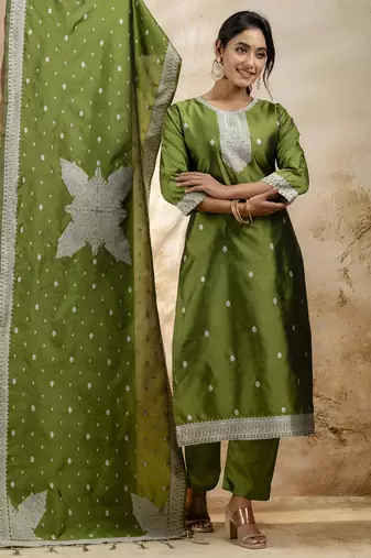 Mehendi embroidered cotton blend salwar suit