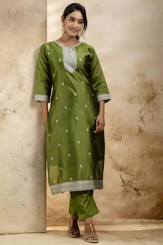 Mehendi embroidered cotton blend salwar suit