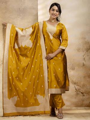 Yellow embroidered cotton blend salwar suit 1
