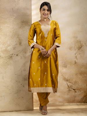 Yellow embroidered cotton blend salwar suit 2