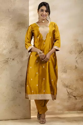 Yellow embroidered cotton blend salwar suit