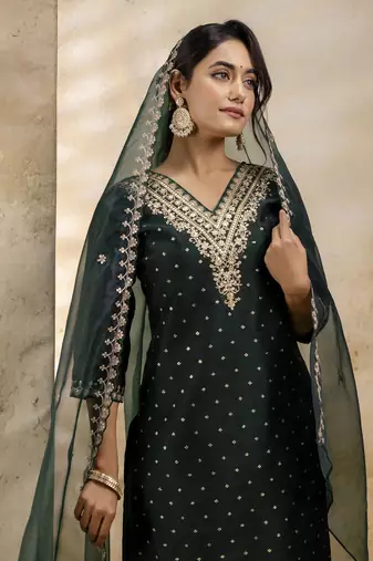Green embroidered chanderi silk salwar suit