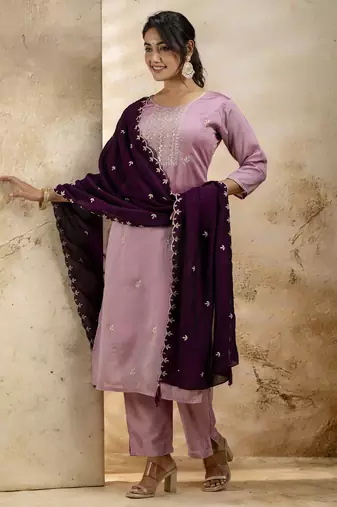 Lavender embroidered silk blend salwar suit