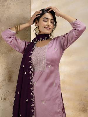 Lavender embroidered silk blend salwar suit 4