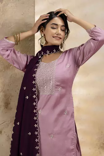 Lavender embroidered silk blend salwar suit
