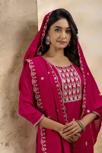 Pink embroidered silk blend salwar suit