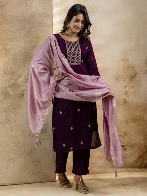 Purple embroidered silk blend salwar suit 1