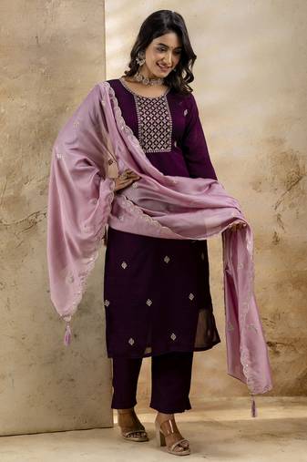 Purple embroidered silk blend salwar suit
