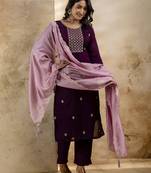 Purple embroidered silk blend salwar suit