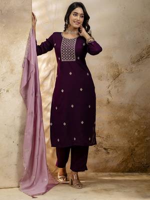 Purple embroidered silk blend salwar suit 2