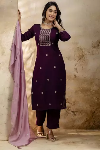 Purple embroidered silk blend salwar suit