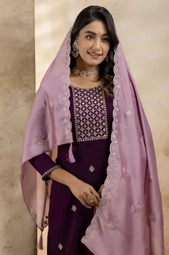 Purple embroidered silk blend salwar suit