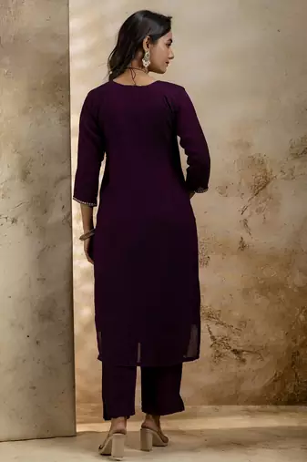 Purple embroidered silk blend salwar suit