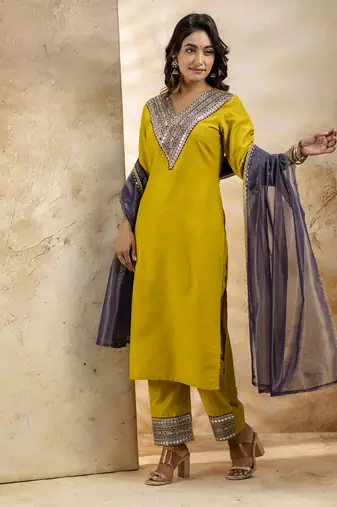 Lemon embroidered viscose rayon   salwar suit