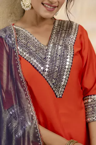 Peach embroidered viscose rayon   salwar suit