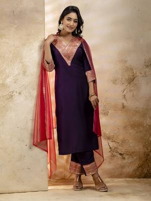 Purple embroidered viscose rayon   salwar suit 1