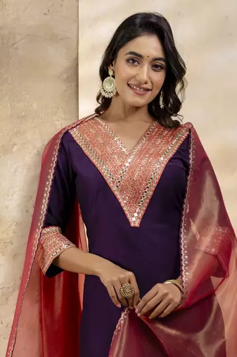 Purple embroidered viscose rayon   salwar suit