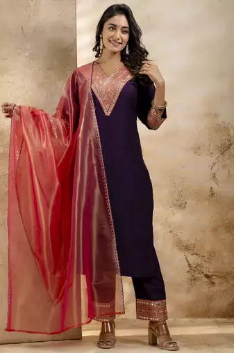 Purple embroidered viscose rayon   salwar suit