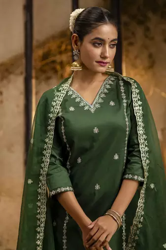 Green embroidered silk blend salwar suit