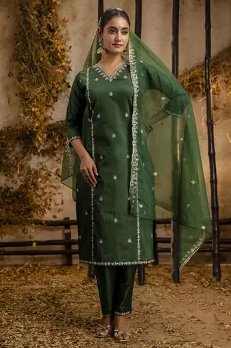Green embroidered silk blend salwar suit