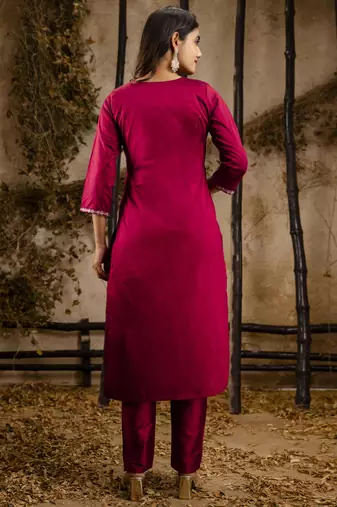 Maroon embroidered silk blend salwar suit