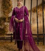 Purple embroidered silk blend salwar suit