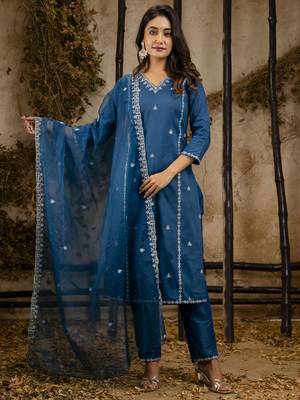 Teal embroidered silk blend salwar suit 1