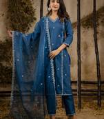 Teal embroidered silk blend salwar suit