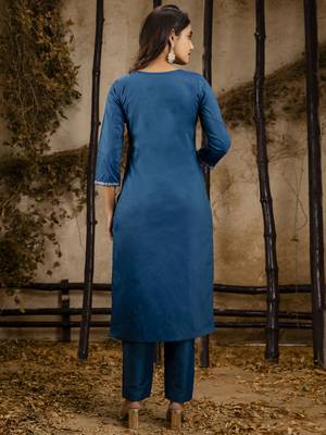 Teal embroidered silk blend salwar suit 3