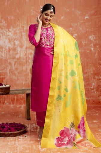 Pink embroidered silk blend salwar suit