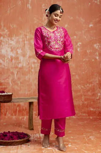Pink embroidered silk blend salwar suit