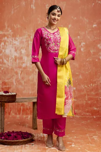Pink embroidered silk blend salwar suit