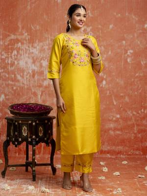 Yellow embroidered silk blend salwar suit 1