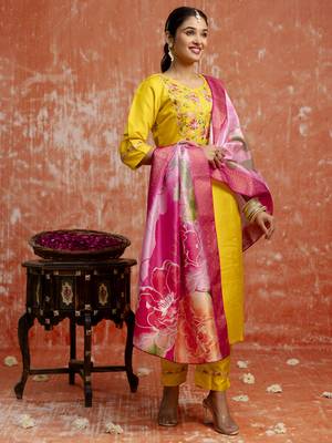 Yellow embroidered silk blend salwar suit 2