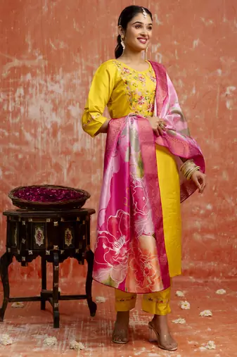Yellow embroidered silk blend salwar suit