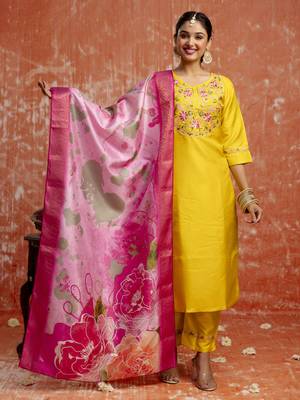 Yellow embroidered silk blend salwar suit 3