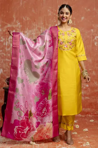 Yellow embroidered silk blend salwar suit