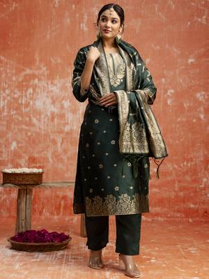 Green embroidered cotton silk blend salwar suit 1
