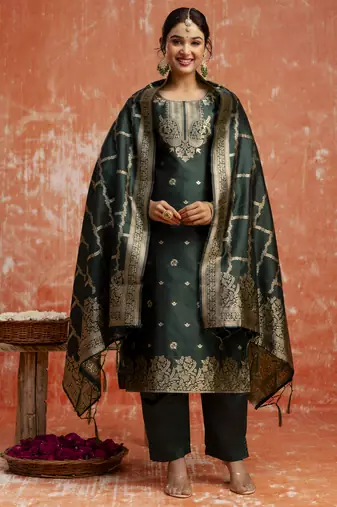Green embroidered cotton silk blend salwar suit
