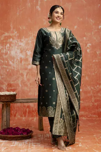 Green embroidered cotton silk blend salwar suit