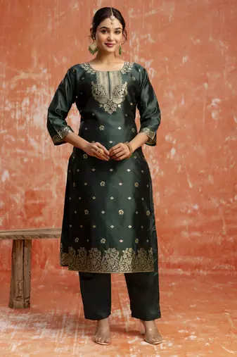 Green embroidered cotton silk blend salwar suit