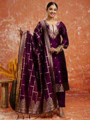 Purple embroidered cotton silk blend salwar suit 1