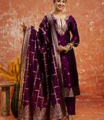 Purple embroidered cotton silk blend salwar suit