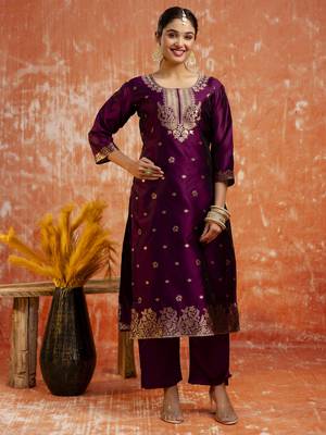 Purple embroidered cotton silk blend salwar suit 2