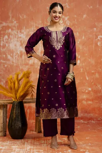 Purple embroidered cotton silk blend salwar suit
