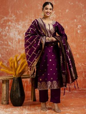 Purple embroidered cotton silk blend salwar suit 3
